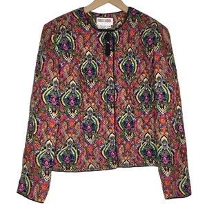 MAGGY LONDON Blouses 100% Silk Jacket Multicolor Floral Paisley Quilted Size 8